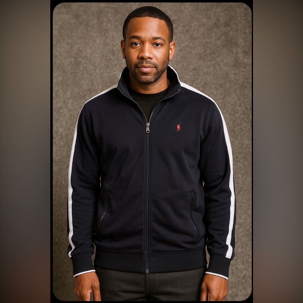 POLO RALPH LAUREN Big & Tall Black White Striped Interlock Track Jacket